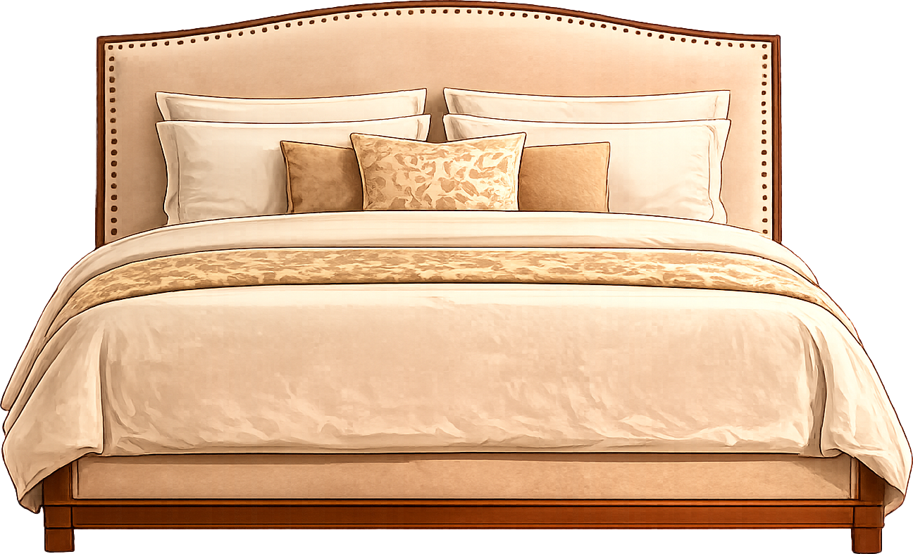 Upholstered bed with cream bedding