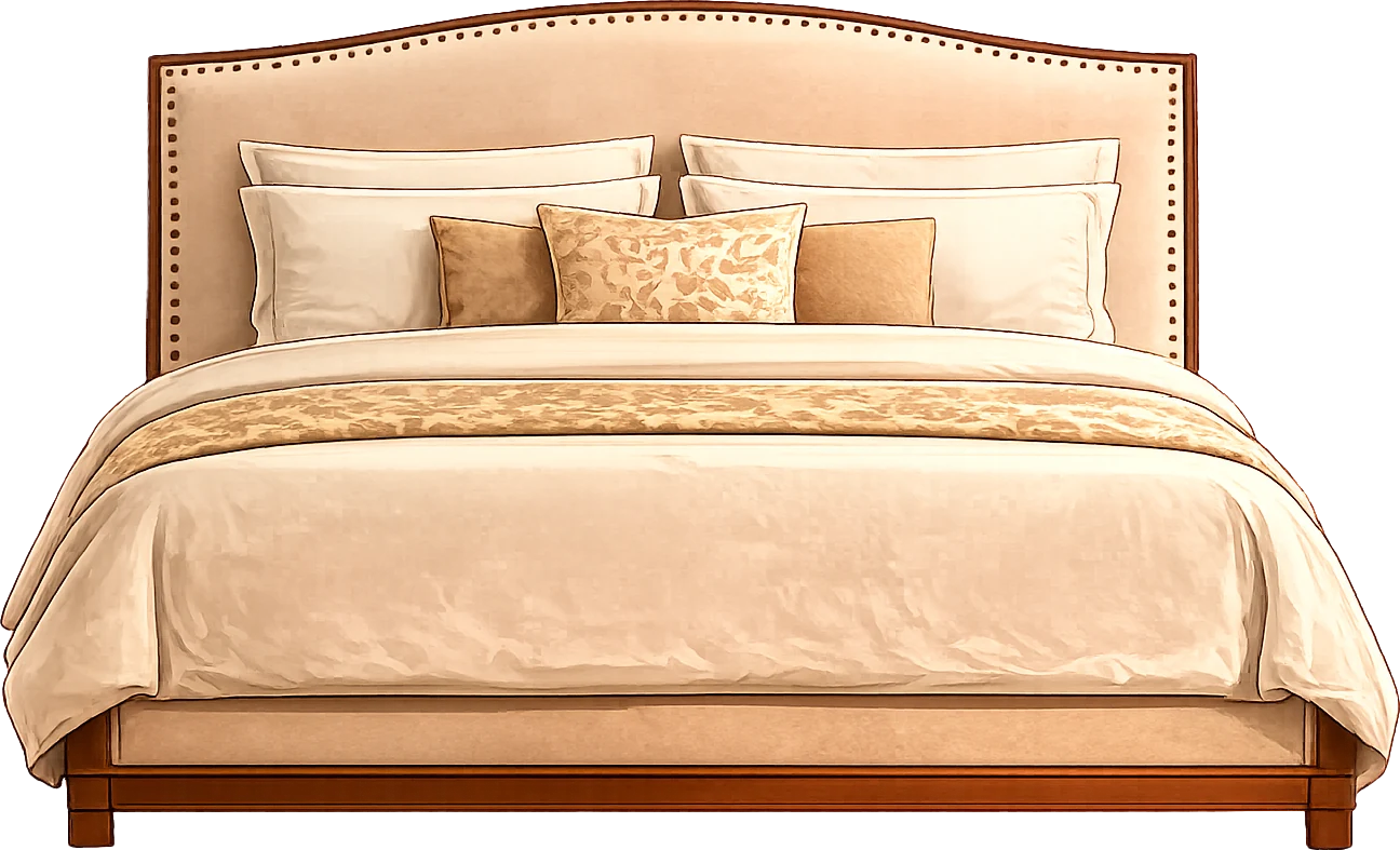 Upholstered bed with cream bedding